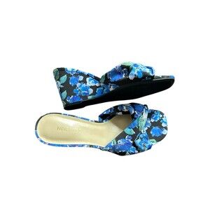Nine West Womens 10M Platform Wedge Slides Sandals Open Toe Black Blue Floral